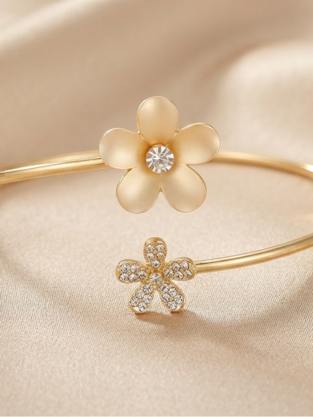 Gold Floral Open Cuff Bracelet with Dual Flower Accents